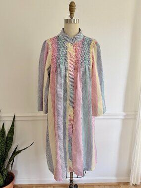 Vintage Pastel Stripe Shirt Dress – Pintuck Button Front Retro Midi M-L